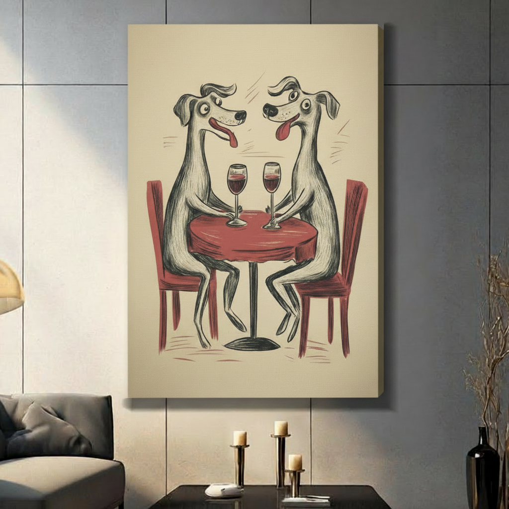 Canvas wrap wall art featuring two whimsical greyhound dogs sharing red wine at a bistro table, hung on a dark grey wall