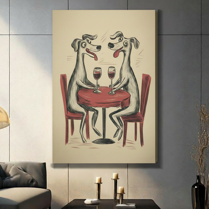 Canvas wrap wall art featuring two whimsical greyhound dogs sharing red wine at a bistro table, hung on a dark grey wall