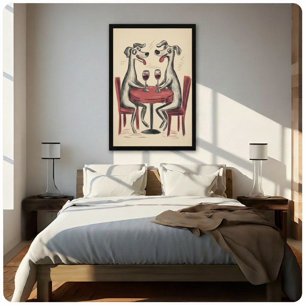Framed cartoon dog wine date wall art print hung above a wooden bed in a bright minimalist bedroom with white bedding