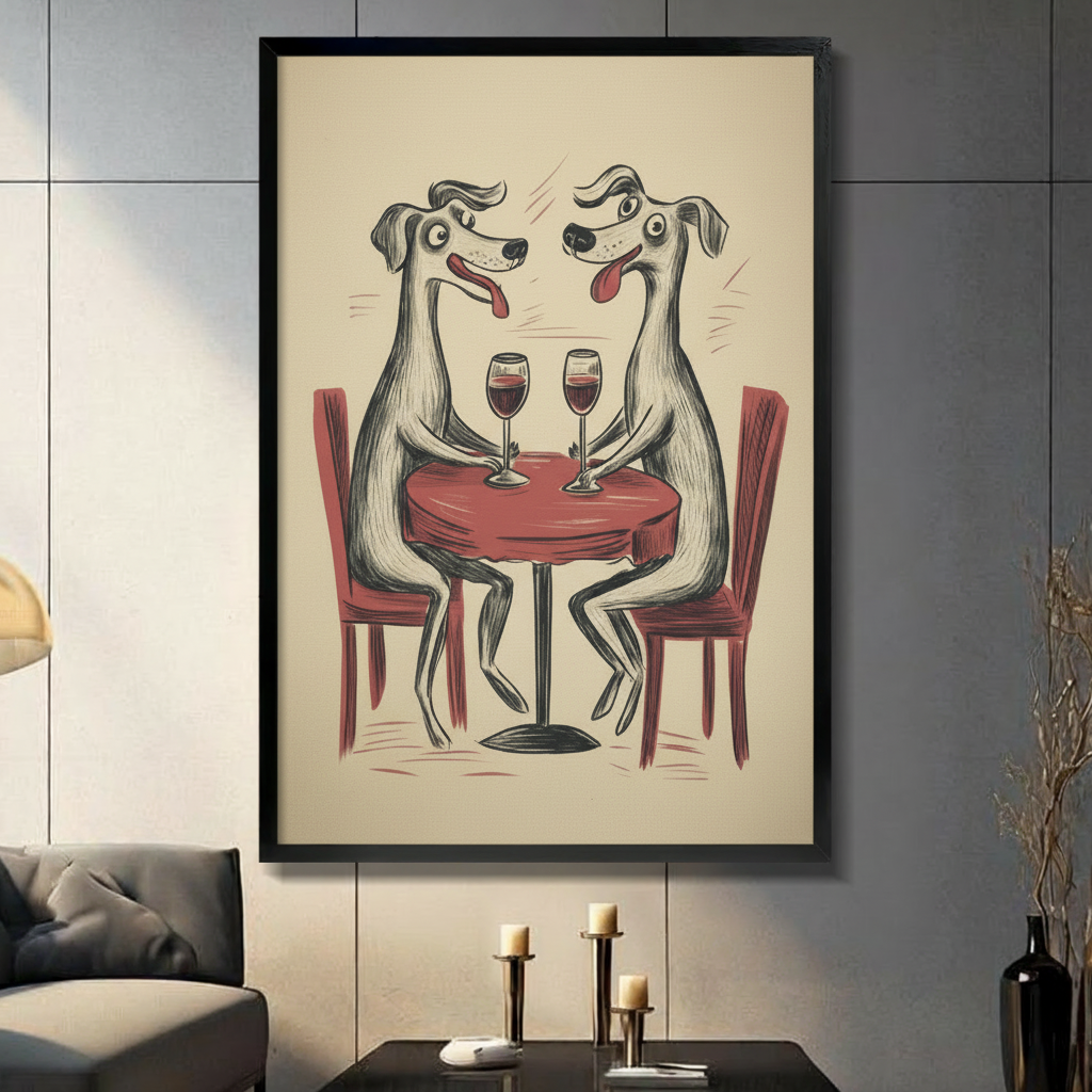 Framed wall art print of two cartoon greyhound dogs on a romantic wine date, displayed on a dark grey wall above a console table