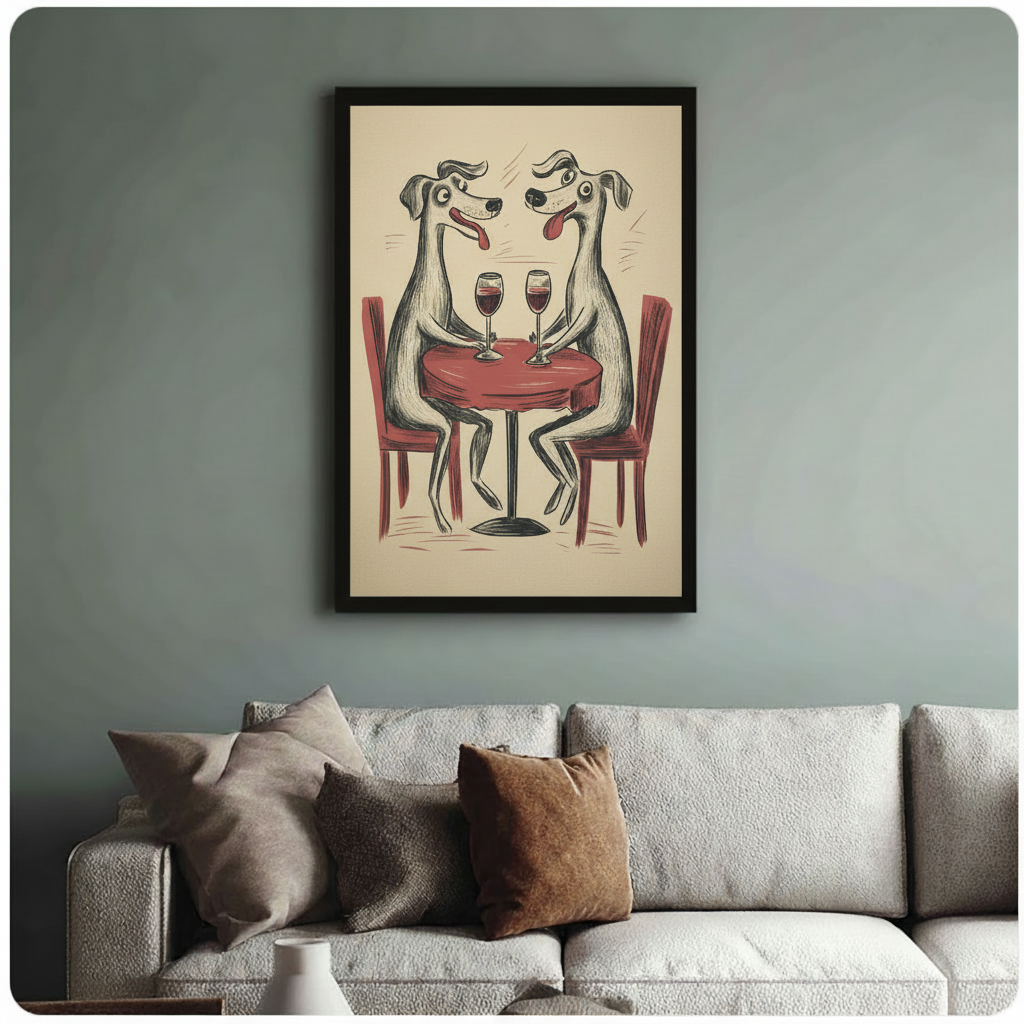 Framed art print of two funny cartoon dogs on a wine date, styled above a neutral linen sofa in a modern living room
