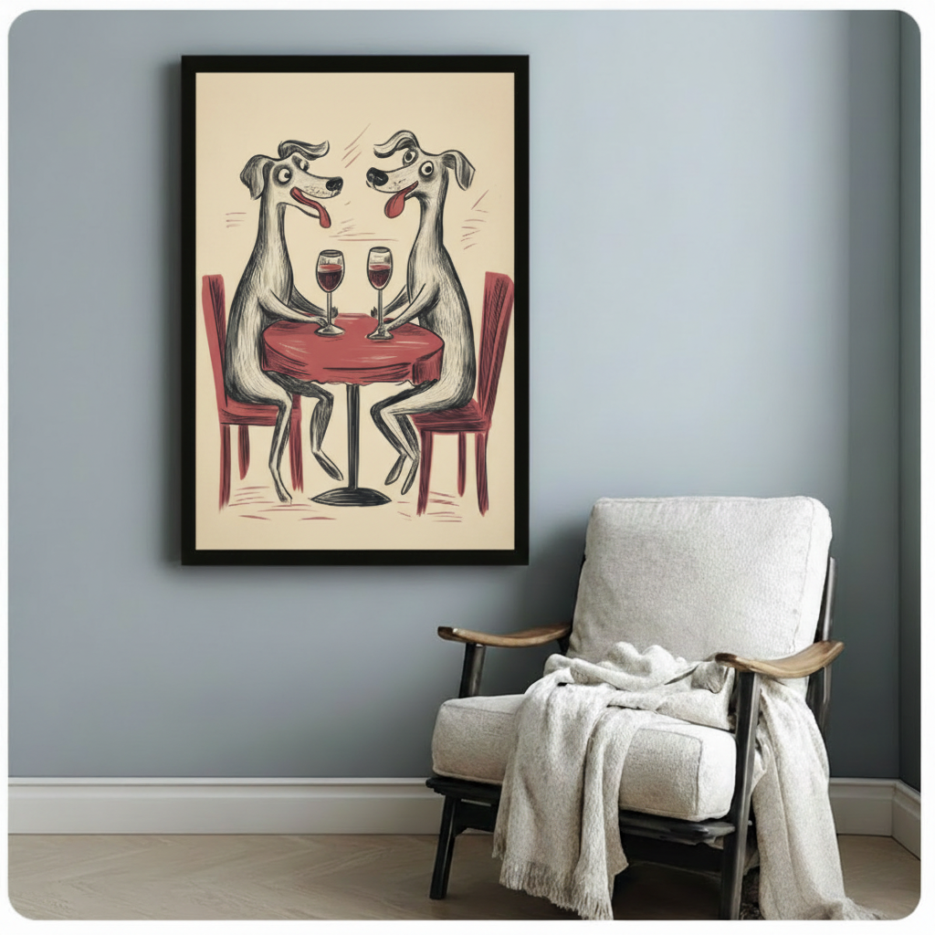 Humorous greyhound dogs wine date framed poster displayed on a blue-grey wall beside a cozy armchair with a throw blanket