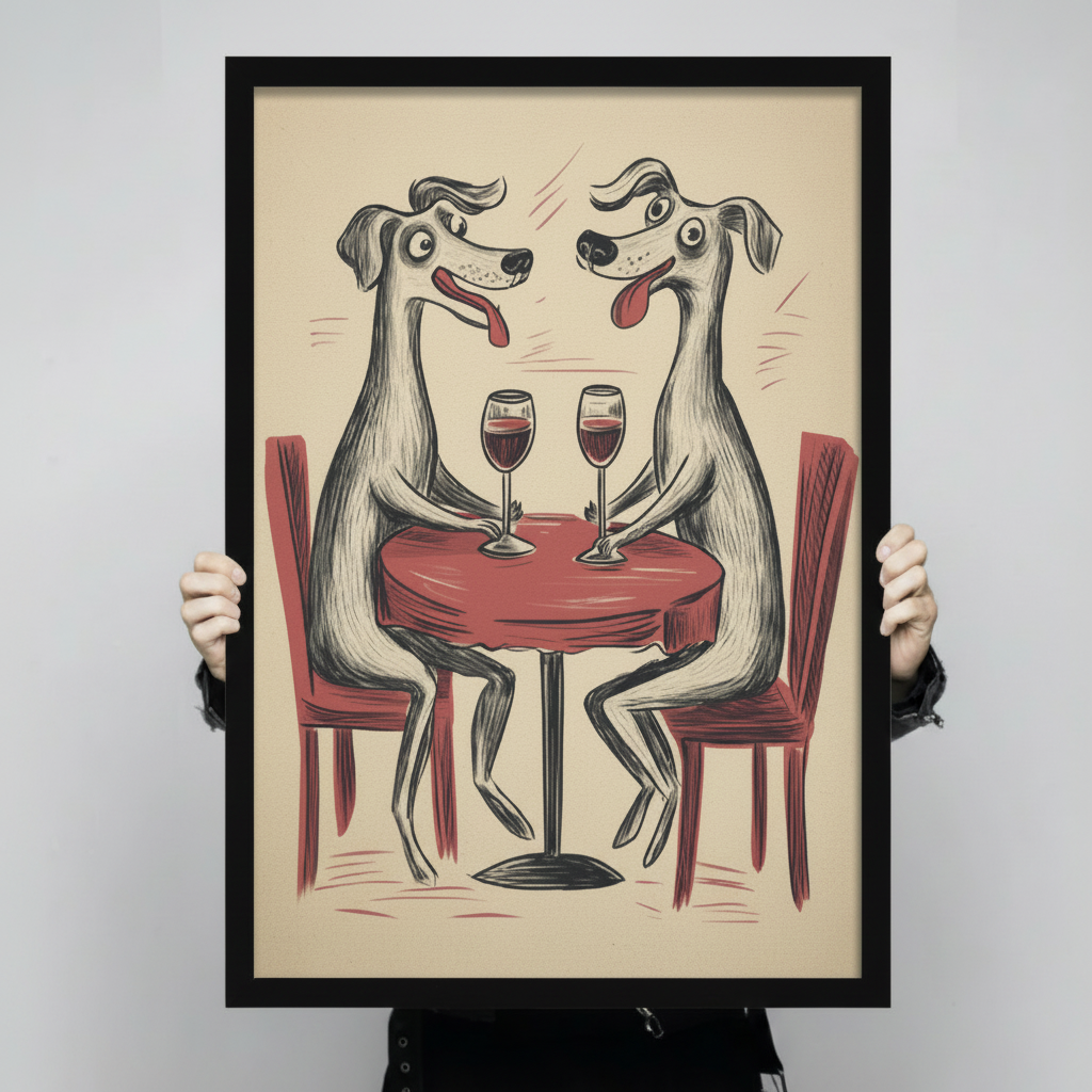 Close-up hand-held view of a vintage-style art print showing two cartoon greyhound dogs clinking wine glasses at a red bistro table