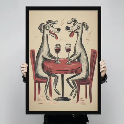 Close-up hand-held view of a vintage-style art print showing two cartoon greyhound dogs clinking wine glasses at a red bistro table