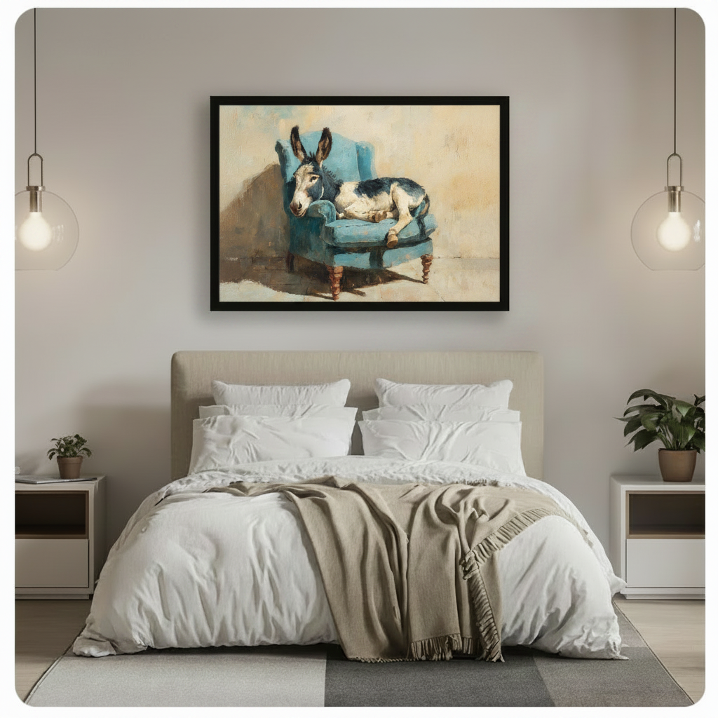 Vintage animal wall art print of donkey on blue chair, framed in black and hung above bed in modern neutral bedroom