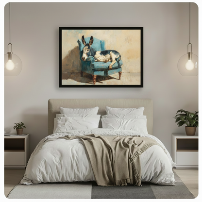 Vintage animal wall art print of donkey on blue chair, framed in black and hung above bed in modern neutral bedroom