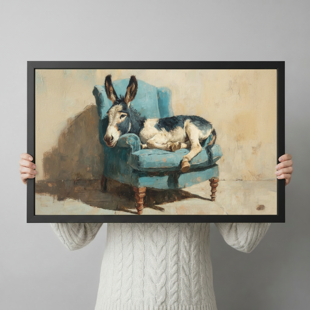 Quirky vintage-style framed art print featuring a donkey lounging on a teal armchair, held up to show print size and frame detail