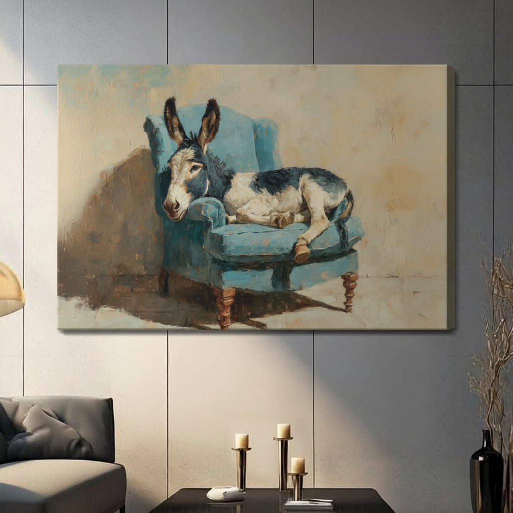 Humorous donkey on blue wingback chair canvas wrap art print with antique painting style, hung frameless on grey wall