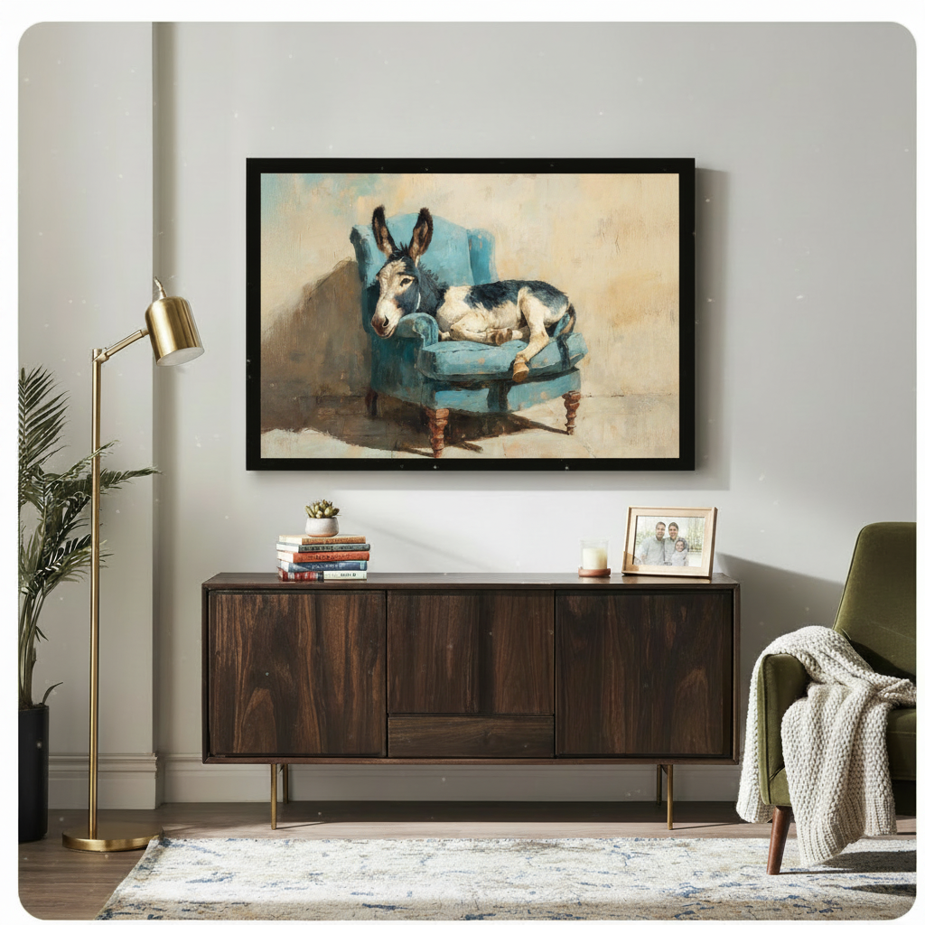 Quirky donkey on armchair oil painting style framed print displayed above dark walnut sideboard in eclectic living room with gold floor lamp