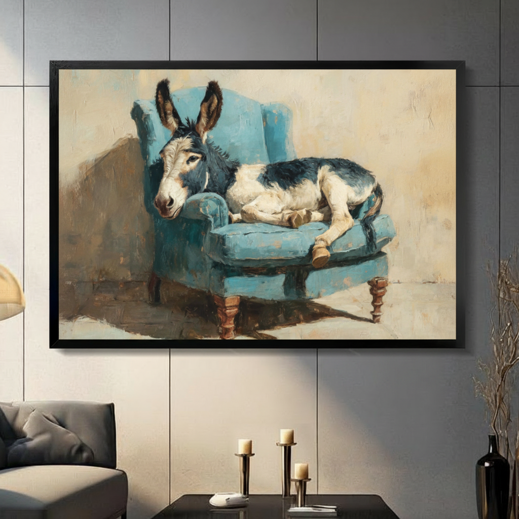 Vintage oil painting style wall art print of a donkey resting on a blue armchair, displayed in black frame on dark grey wall