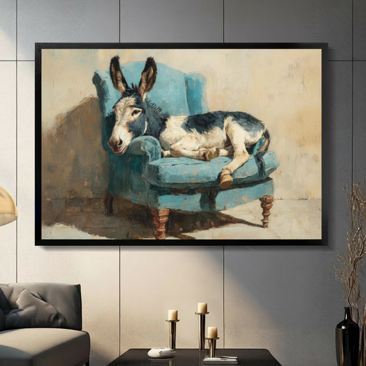 Vintage oil painting style wall art print of a donkey resting on a blue armchair, displayed in black frame on dark grey wall