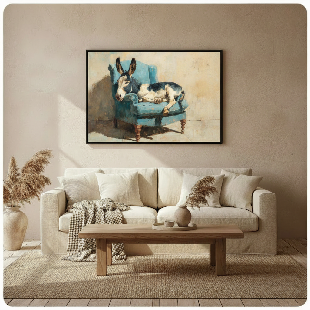 Funny donkey wall art in black frame above cream linen sofa, styled in warm bohemian living room with pampas grass decor