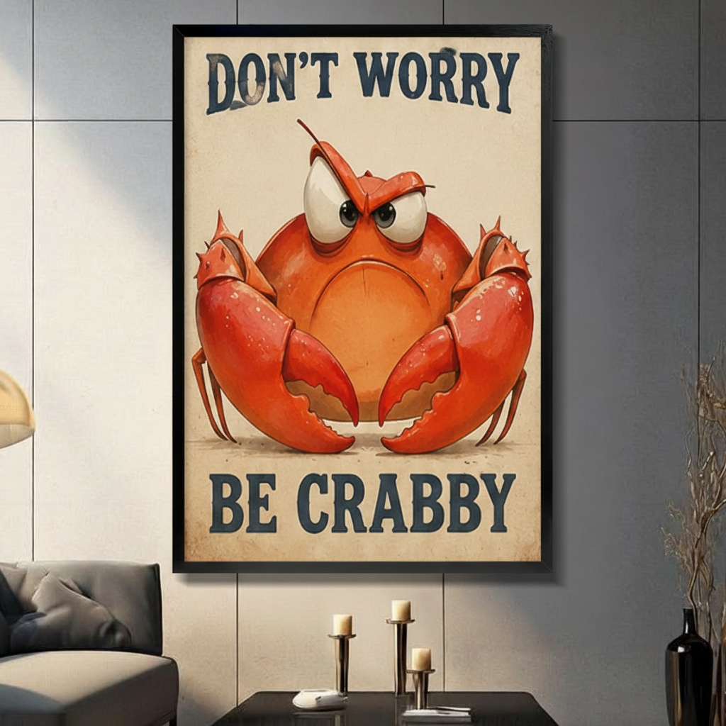 Black float-framed canvas grumpy crab wall art – "Don't Worry Be Crabby" funny vintage ocean quote print – bold humorous canvas decor for contemporary living room