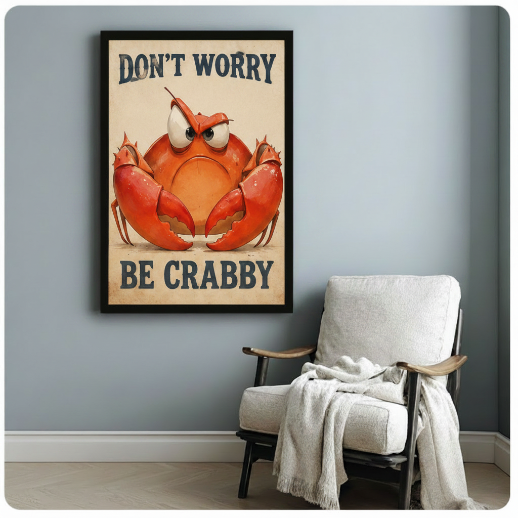 Black framed funny crab wall art print – "Don't Worry Be Crabby" grumpy crab quote poster – humorous vintage-style ocean illustration for living room reading nook decor