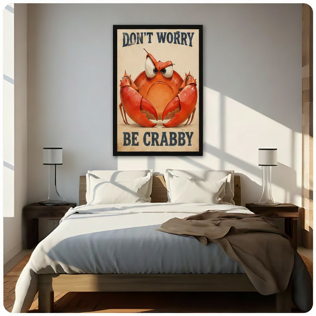 Funny crab framed art print above bed – "Don't Worry Be Crabby" vintage grumpy crab poster – humorous ocean wall decor for bedroom with warm natural light
