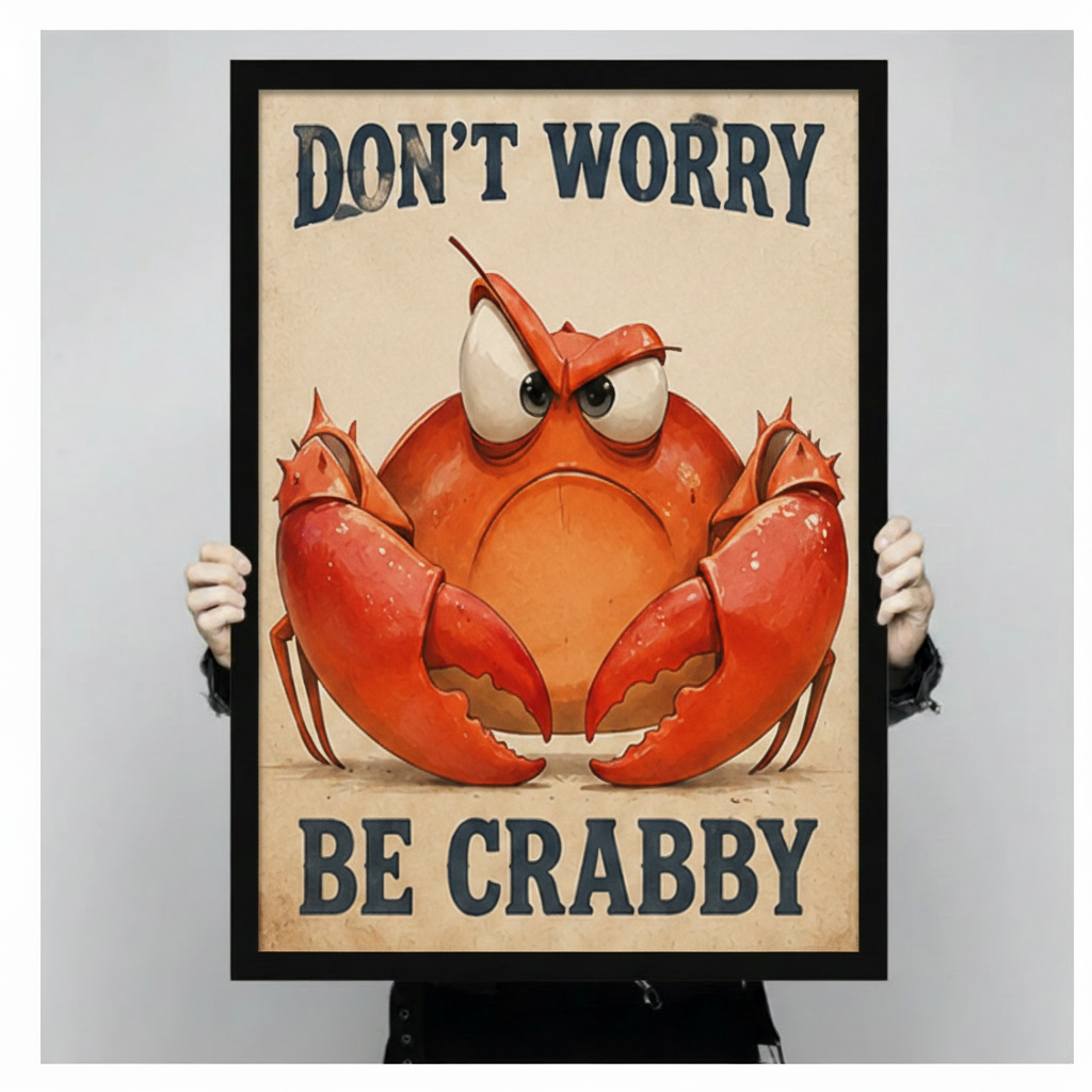 Framed grumpy crab quote art print – "Don't Worry Be Crabby" funny crab illustration – premium humorous wall art gift for ocean and beach lovers