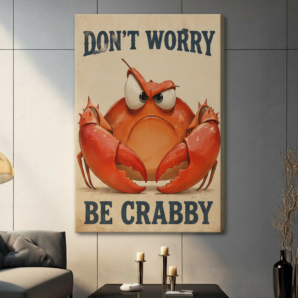 Don't Worry Be Crabby canvas wall art – unframed canvas wrap with grumpy red crab vintage illustration – large funny quote print for modern living room or home office decor
