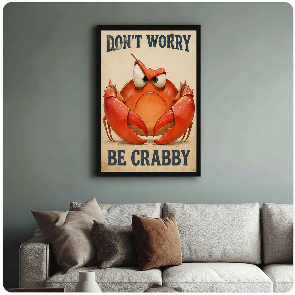Black framed "Don't Worry Be Crabby" crab quote wall art above sofa – grumpy red crab vintage illustration – funny humorous poster for living room decor