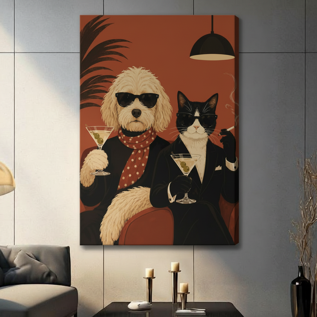 Stylish retro illustration of a fluffy Goldendoodle in black sunglasses black jacket and red polka dot neck scarf raising a martini glass next to a cool black-and-white tuxedo cat in dark sunglasses a tailored black suit and white pocket square holding a martini and a lit cigarette set against a rich burnt sienna background with tropical palm silhouette and hanging lamp funny dressed-up pet portrait stretched canvas wall art print hanging in a contemporary living room with dark gray tiled wall