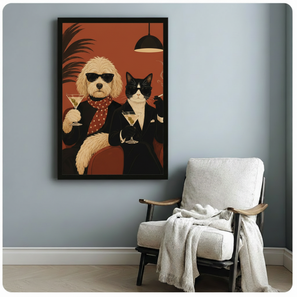 Vintage-inspired retro art print of two anthropomorphic pets a curly-haired Goldendoodle in black shades a dark blazer and red dot scarf toasting with a martini glass and a sleek tuxedo cat in black sunglasses a formal black suit with white handkerchief holding a cocktail and smoking against a warm terracotta background with palm leaf shadow and industrial pendant light humorous cool animal duo framed art poster displayed beside a white fabric lounge chair with draped throw blanket against a soft blue-gray 