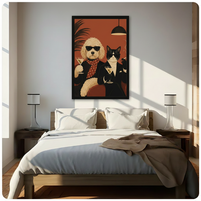 Charming mid-century modern retro illustration of a well-dressed Goldendoodle in black sunglasses a dark blazer and red polka dot scarf raising a martini glass beside a sophisticated tuxedo cat in black sunglasses a tailored suit with white pocket square holding a cocktail and smoking a cigarette against a warm burnt orange-red background with tropical palm shadow and pendant lamp funny cool pet bar scene framed wall art print hanging above a modern bedroom bed with white linen bedding, dark wood nightstand