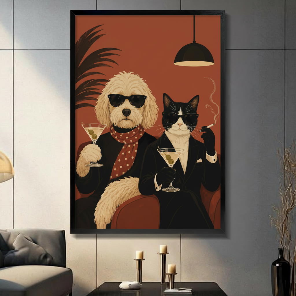 Retro mid-century modern illustration of an anthropomorphic Goldendoodle wearing black sunglasses a black blazer and a red polka dot scarf holding a martini glass with olives seated beside a dapper tuxedo cat in black sunglasses a black suit with white pocket square holding a martini and smoking a cigarette against a warm terracotta red background with dark palm leaf shadow and pendant lamp funny cool pet duo framed wall art print displayed in a living room with dark gray sofa, pillar candle holders, and bl