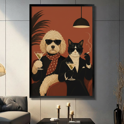 Retro mid-century modern illustration of an anthropomorphic Goldendoodle wearing black sunglasses a black blazer and a red polka dot scarf holding a martini glass with olives seated beside a dapper tuxedo cat in black sunglasses a black suit with white pocket square holding a martini and smoking a cigarette against a warm terracotta red background with dark palm leaf shadow and pendant lamp funny cool pet duo framed wall art print displayed in a living room with dark gray sofa, pillar candle holders, and bl