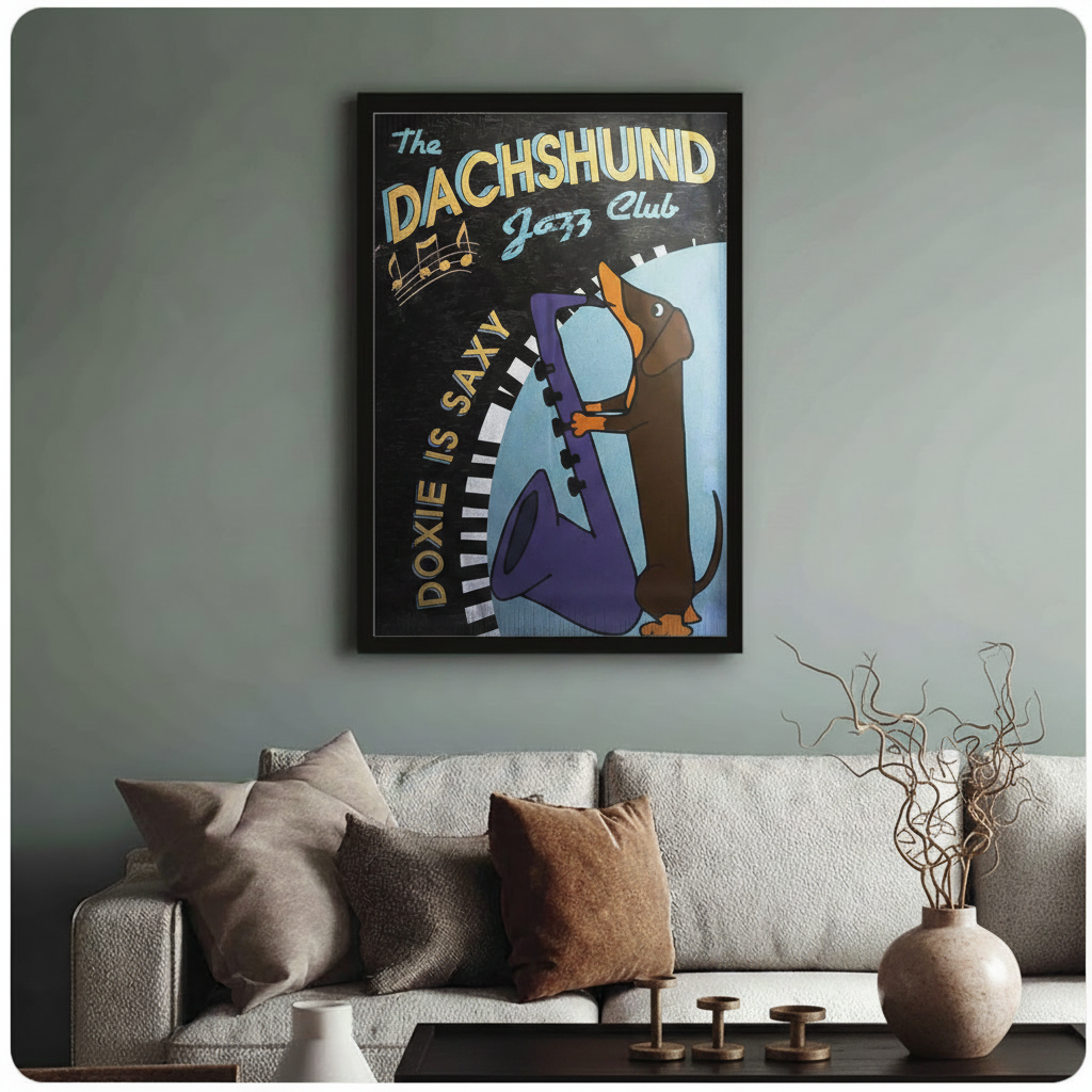 Doxie Is Saxy canvas print above sofa in contemporary living room – vintage dachshund jazz wall art