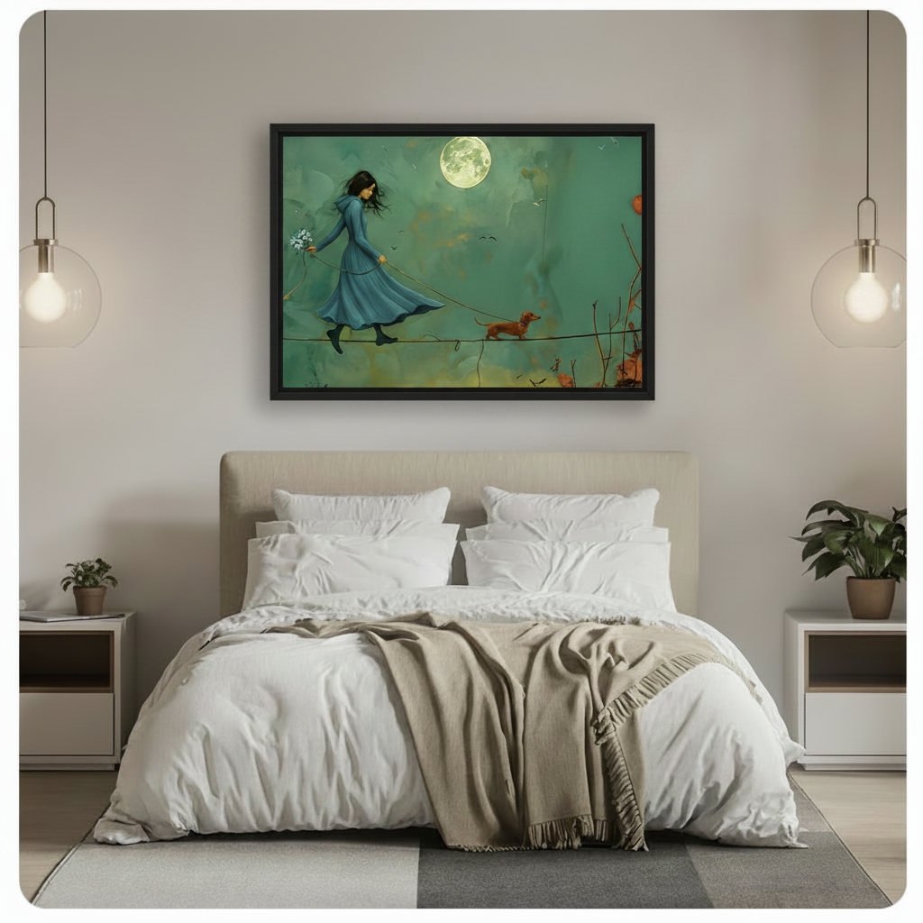 Framed dreamy narrative oil painting dark-haired girl in flowing blue dress holding wildflowers walking tightrope with dachshund under full moon canvas print above white bed in minimalist bedroom with pendant lights - whimsical woman and dog moonlit tightrope wall art with teal background and rust autumn leaves for contemporary bedroom decor