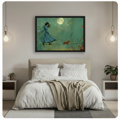 Framed dreamy narrative oil painting dark-haired girl in flowing blue dress holding wildflowers walking tightrope with dachshund under full moon canvas print above white bed in minimalist bedroom with pendant lights - whimsical woman and dog moonlit tightrope wall art with teal background and rust autumn leaves for contemporary bedroom decor