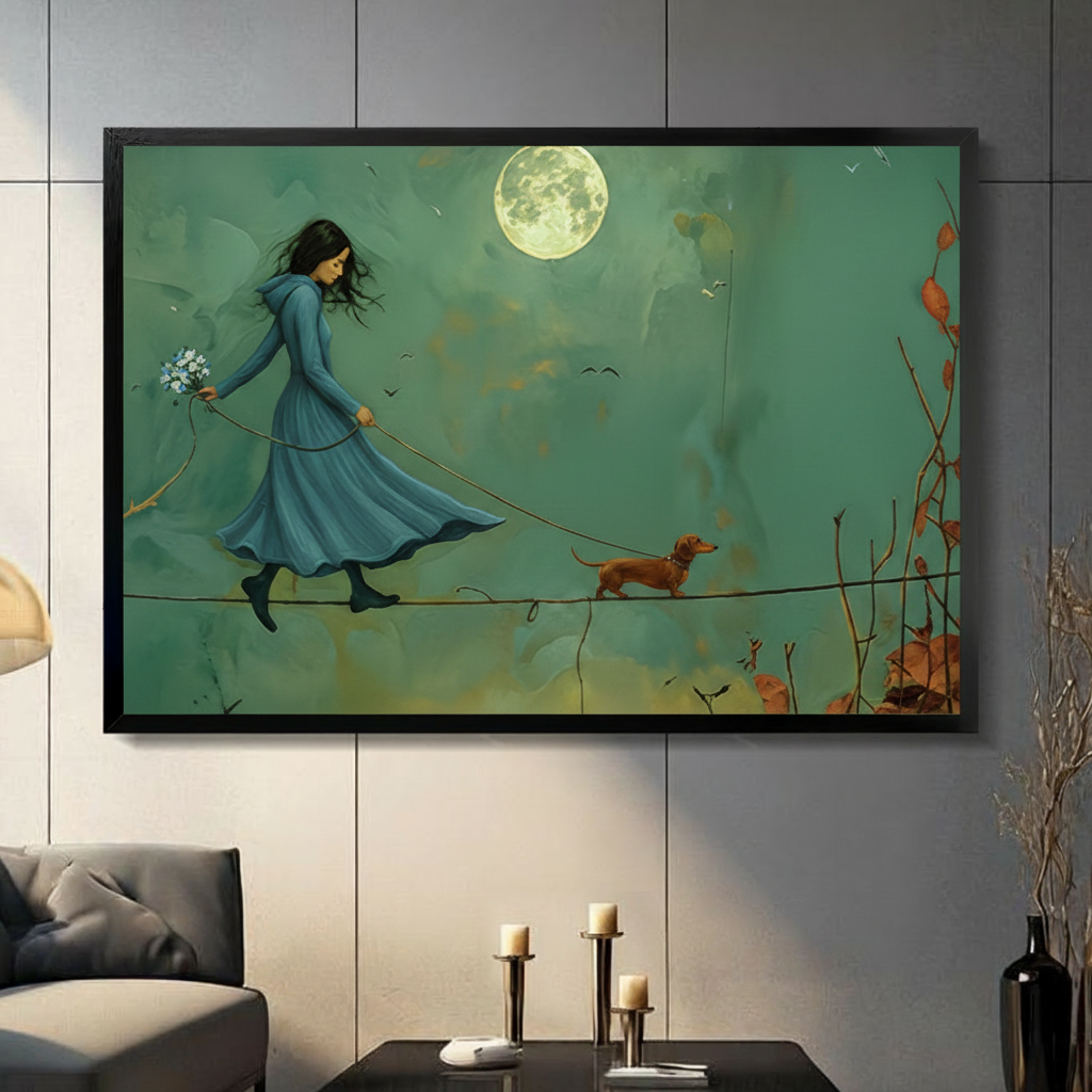 Framed dreamy narrative oil painting dark-haired girl in flowing blue dress holding wildflowers walking tightrope with dachshund under full moon canvas print on light grey tile wall in modern living room - whimsical woman and dog moonlit tightrope wall art with teal background and autumn branches for contemporary home decor