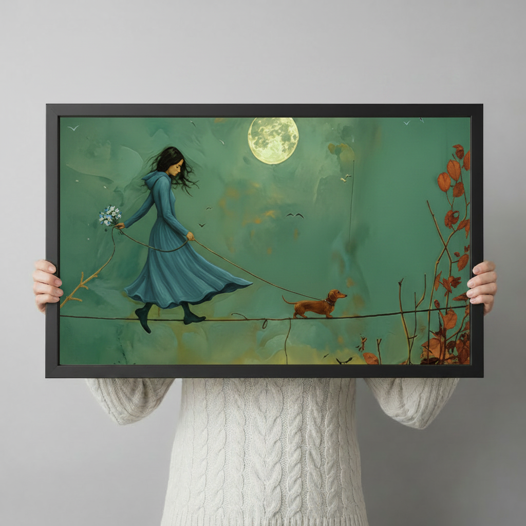 Person holding large framed dreamy narrative oil painting dark-haired girl in flowing blue dress holding wildflowers walking tightrope with dachshund under full moon canvas print with both hands - close up view of whimsical woman and dog moonlit tightrope wall art with teal background and black frame finish