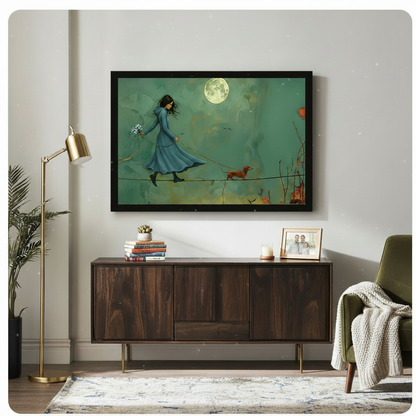 Framed dreamy narrative oil painting dark-haired girl in flowing blue coat holding blue wildflowers walking tightrope with red dachshund under glowing full moon canvas print above dark walnut sideboard on light grey wall - ethereal woman and dog moonlit tightrope wall art with moody teal sky and gold floor lamp for modern living room decor
