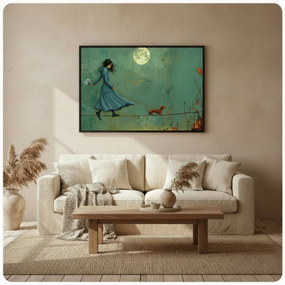 Framed dreamy narrative oil painting dark-haired girl in flowing blue coat holding blue wildflowers walking tightrope with red dachshund under glowing full moon canvas print above cream sofa on warm beige wall - ethereal woman and dog moonlit tightrope wall art with moody teal sky and autumn branches for stylish Scandinavian living room decor