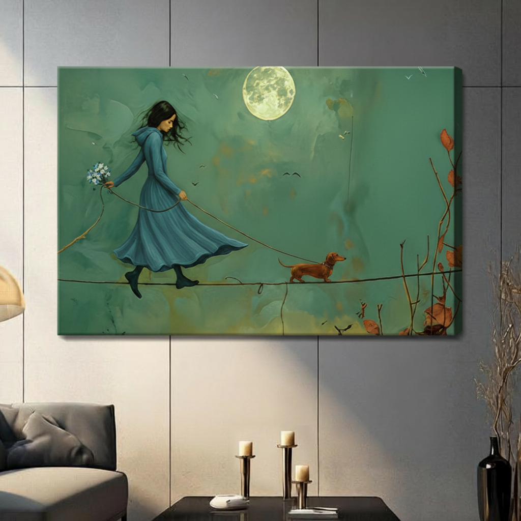 Unframed dreamy narrative oil painting dark-haired girl in flowing blue coat holding blue wildflowers walking tightrope with red dachshund under glowing full moon canvas print on light grey tile wall in contemporary living room - ethereal woman and dog moonlit tightrope wall art with moody teal sky and rust autumn leaves for modern interior decor