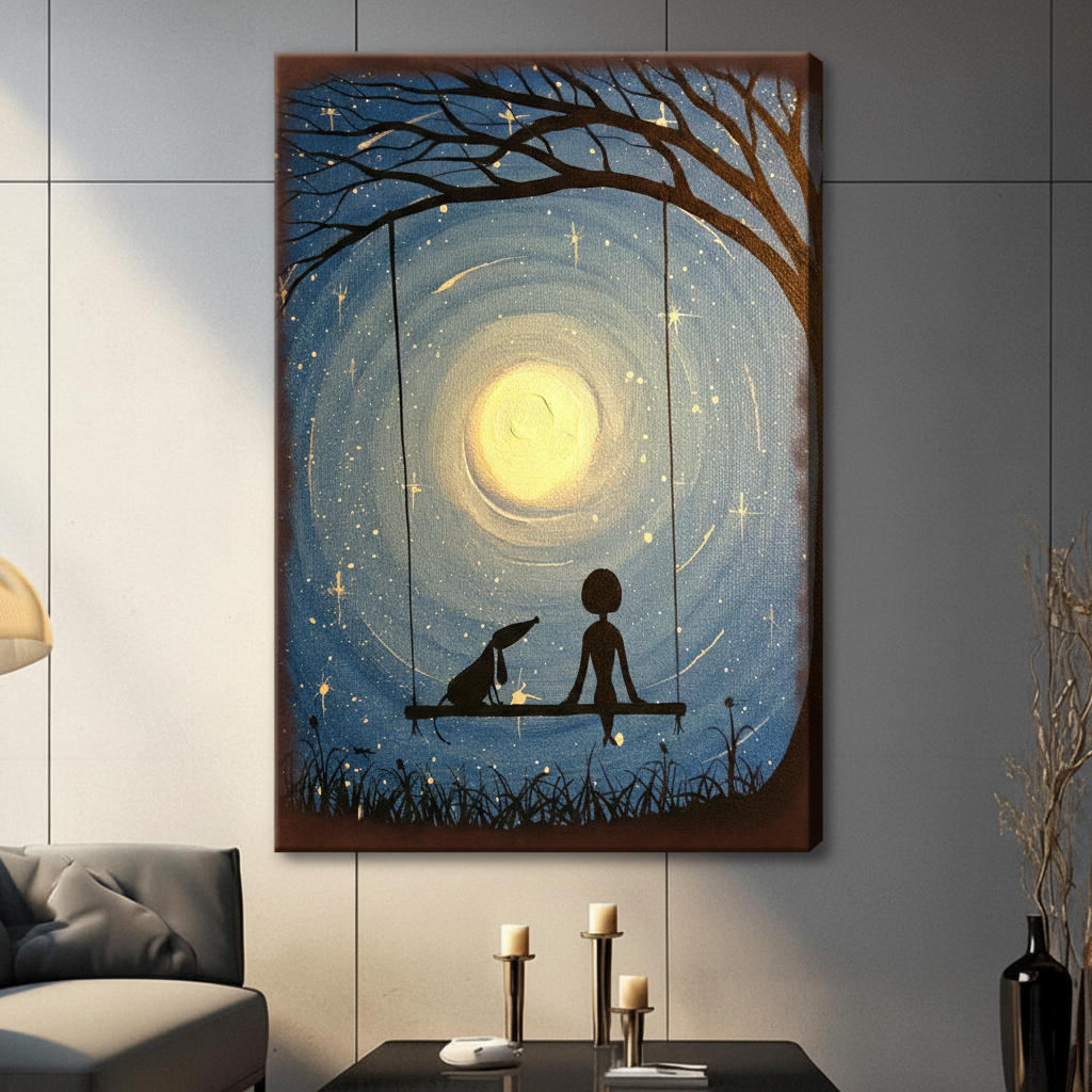 Unframed stretched canvas print of a girl and dog silhouette sitting on a tree swing gazing at a glowing full moon in a swirling starry night sky hung in a contemporary grey living room