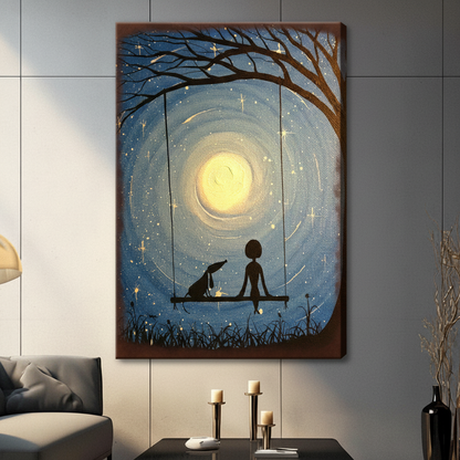 Unframed stretched canvas print of a girl and dog silhouette sitting on a tree swing gazing at a glowing full moon in a swirling starry night sky hung in a contemporary grey living room