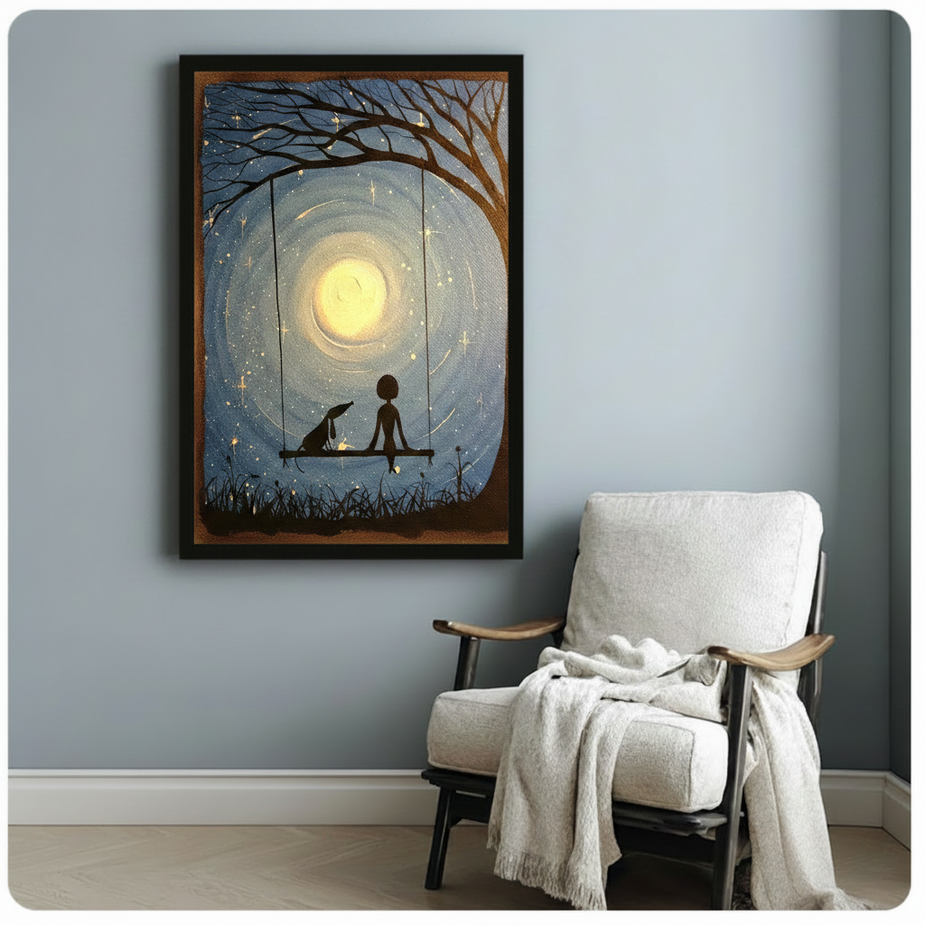 Black framed girl and dog on moonlit swing canvas art print with impasto oil painting texture in deep blue and gold tones on a light blue-grey wall beside a white linen armchair with draped throw