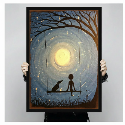 Person holding a large black framed dreamy girl and dog swing under moonlight canvas art print showing print size scale and swirling starry night sky oil painting texture detail