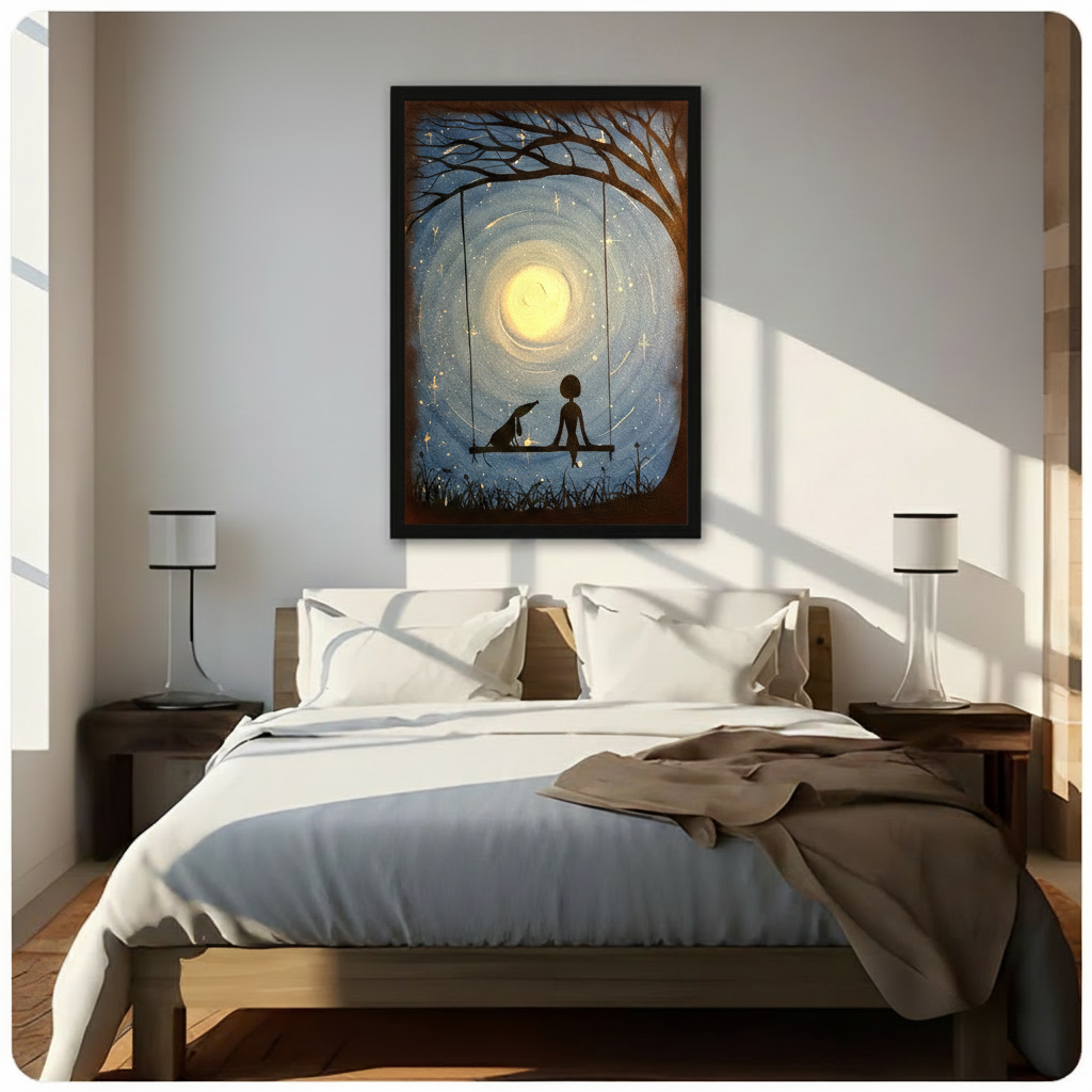 Framed dreamy girl and dog silhouette on a tree swing under a glowing full moon canvas wall art with deep blue starry sky hung above a wooden bed with white bedding in a sunlit minimalist bedroom
