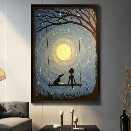 Framed dreamy girl and dog on a swing under moonlight canvas wall art with swirling starry blue sky and glowing full moon displayed on a light grey wall in a modern living room with candle holders