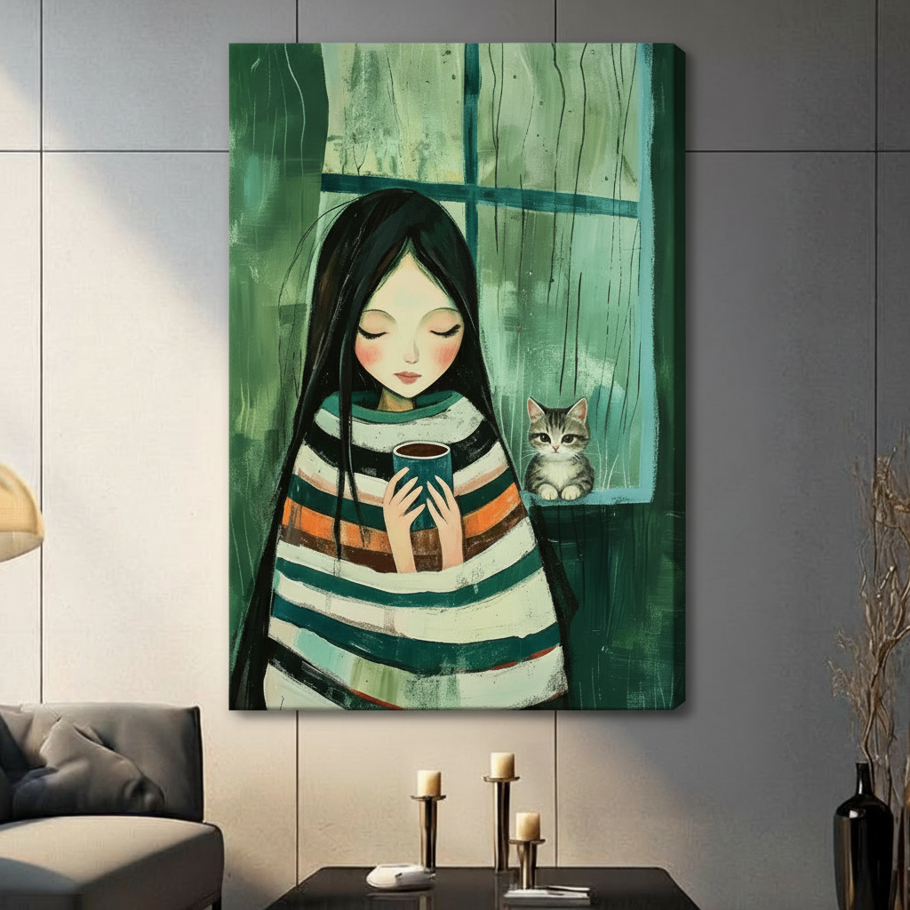 Dreamy girl in striped sweater holding coffee with kitten on windowsill canvas print on grey wall