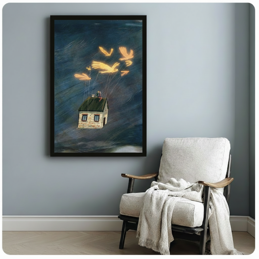 Framed canvas art depicting a couple seated on a rooftop as golden birds carry their home through a moody blue-grey sky, beside an armchair