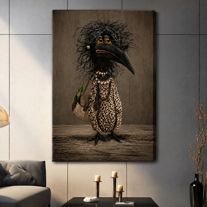 Funny dressed raven with handbag and pearl jewelry — gothic bird canvas wrap art displayed in dark moody living room
