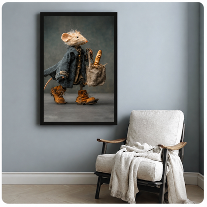 Dressed mouse with baguette framed poster print beside accent chair on blue-grey wall, whimsical animal character art for eclectic home decor