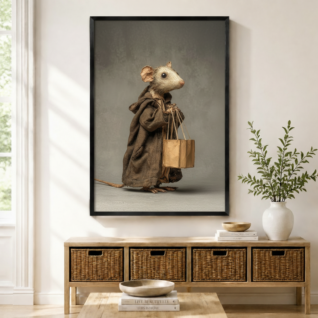 Black framed dressed mouse carrying a paper bag wall art print displayed above a rattan storage console in a bright entryway