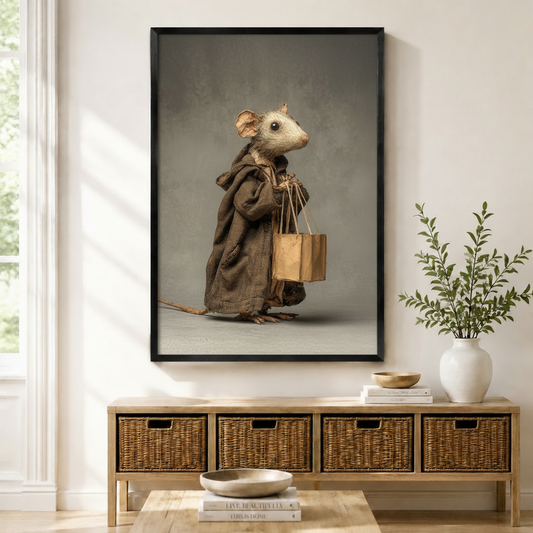 Black framed dressed mouse carrying a paper bag wall art print displayed above a rattan storage console in a bright entryway