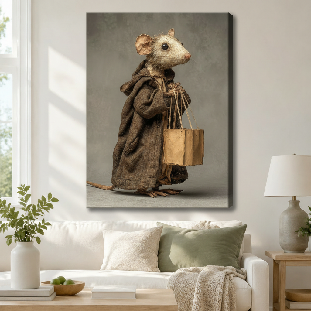 Stretched canvas dressed mouse in robe wall art hung above a white sofa with sage green cushions in a Scandinavian living room