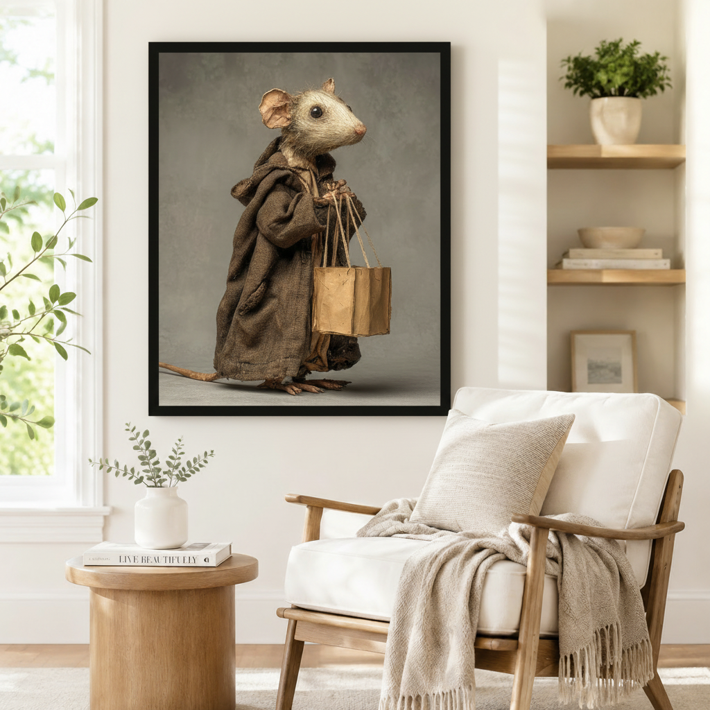 Black framed whimsical mouse in medieval robe art print on white wall beside a wooden armchair in a cozy reading nook
