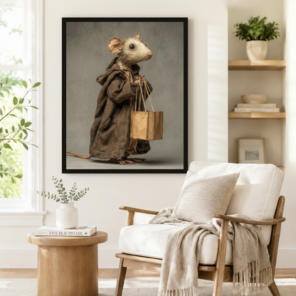 Black framed whimsical mouse in medieval robe art print on white wall beside a wooden armchair in a cozy reading nook